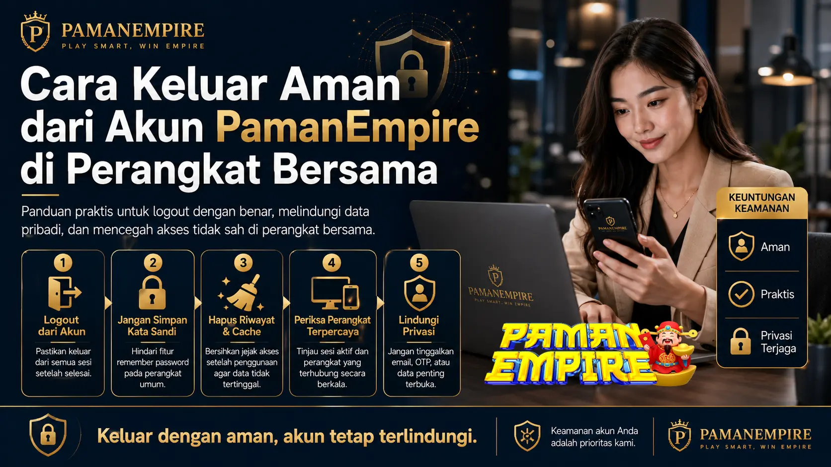 Cara Keluar Aman dari Akun PAMANEMPIRE di Perangkat Bersama Banner cara keluar aman dari akun PAMANEMPIRE di perangkat bersama dengan ilustrasi logout dan keamanan browser