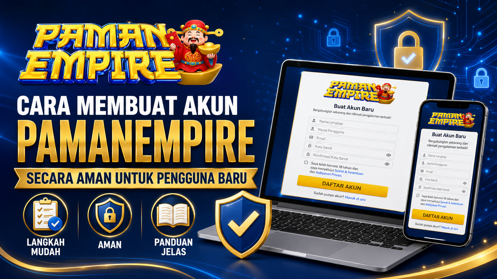 Banner cara membuat akun PAMANEMPIRE secara aman untuk pengguna baru melalui laptop dan ponsel