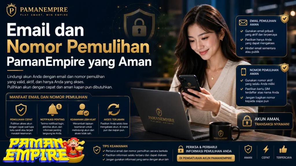 Banner email dan nomor pemulihan PAMANEMPIRE yang aman dengan ilustrasi verifikasi akun dan perlindungan data