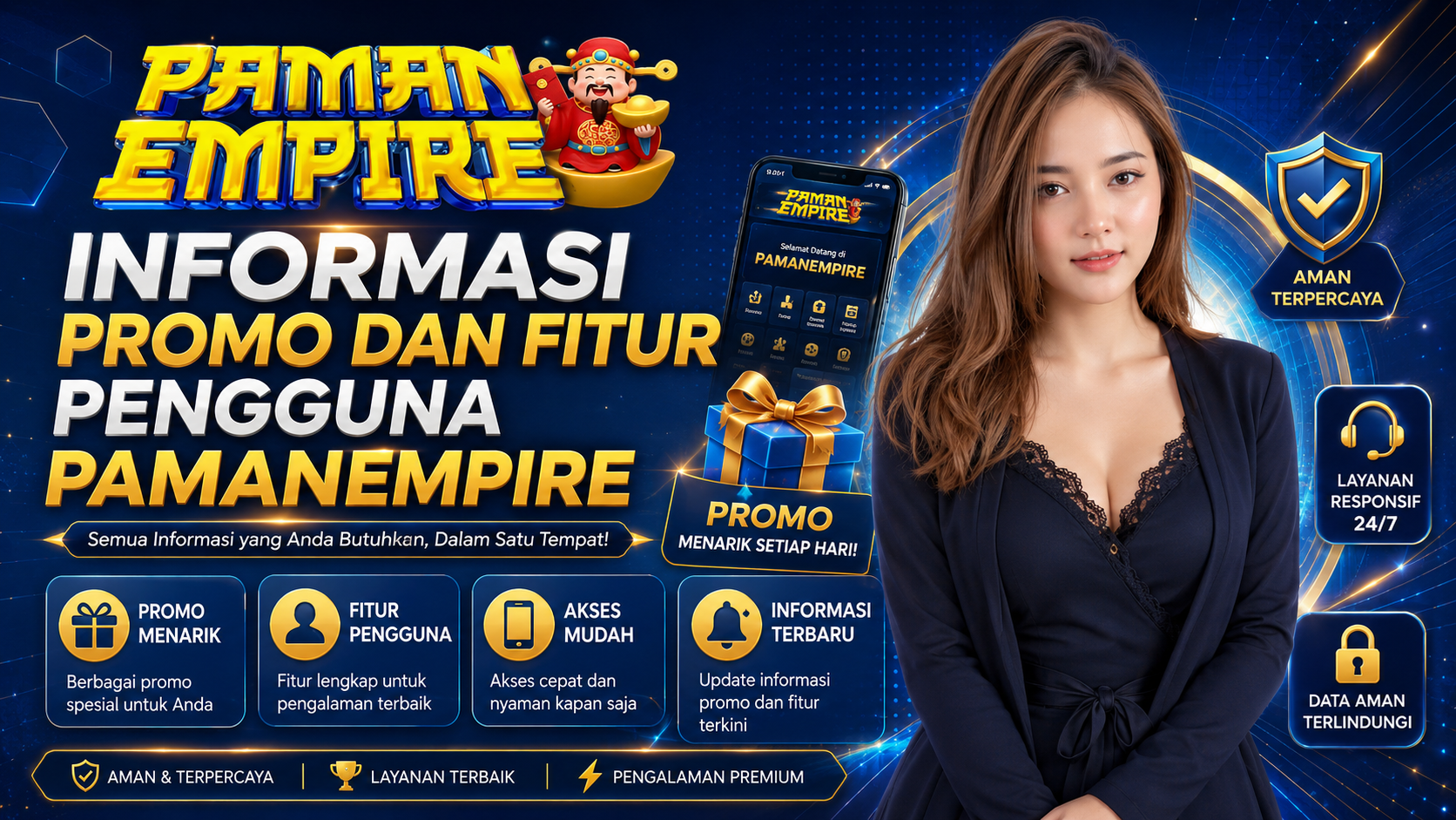 Banner informasi promo dan fitur pengguna PAMANEMPIRE dengan tampilan aplikasi, ikon keamanan, hadiah, dan layanan pengguna