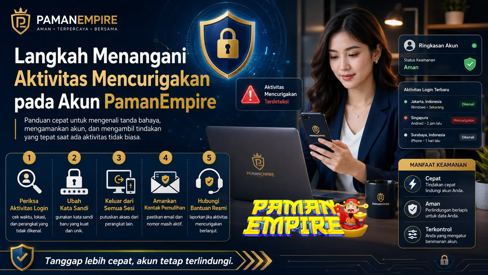 Langkah Menangani Aktivitas Mencurigakan pada Akun PAMANEMPIRE Banner langkah menangani aktivitas mencurigakan pada akun PAMANEMPIRE dengan ilustrasi keamanan akun dan pemeriksaan perangkat