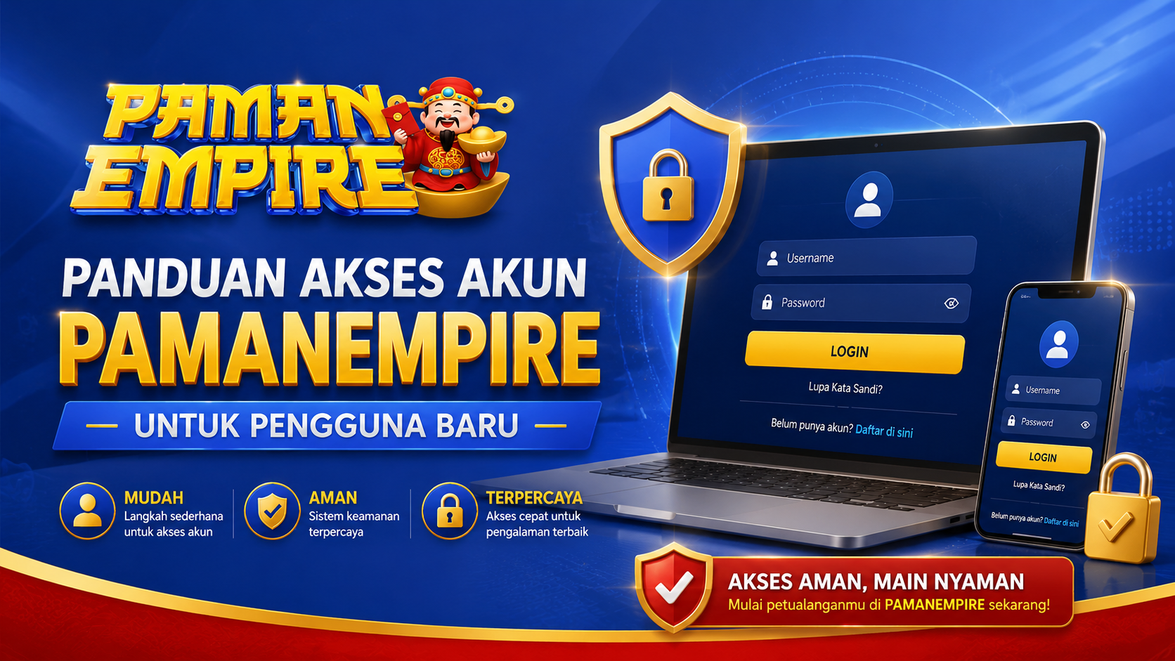 Banner panduan akses akun PAMANEMPIRE untuk pengguna baru melalui perangkat laptop dan ponsel