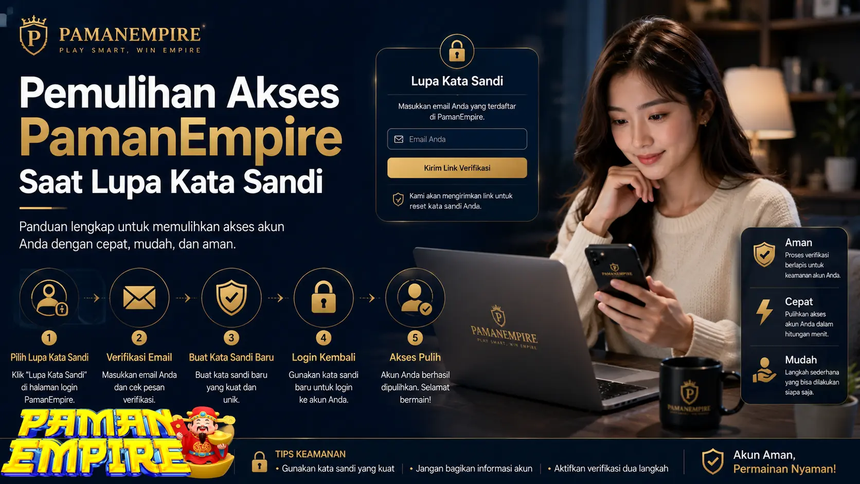Banner pemulihan akses PAMANEMPIRE saat lupa kata sandi dengan ilustrasi reset password dan perlindungan akun